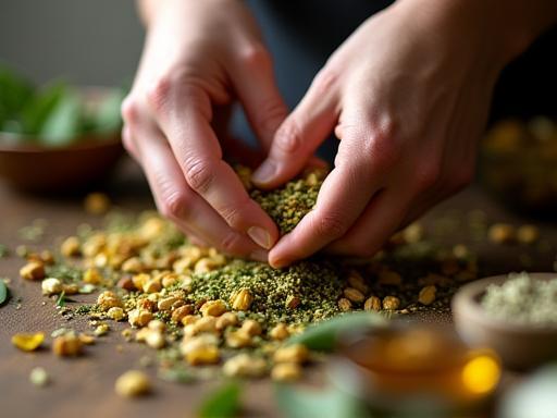 Hands working with natural herbs and oils, representing the crafting process at Earth & Petal Artisans