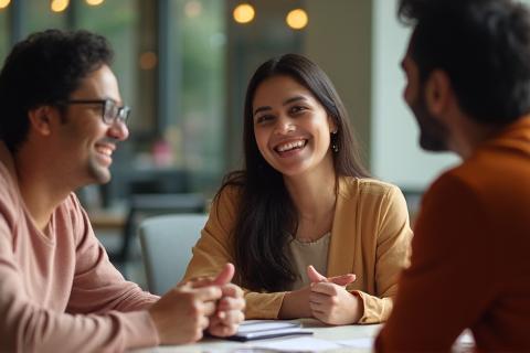 Candid photo of diverse team members in a collaborative meeting smiling