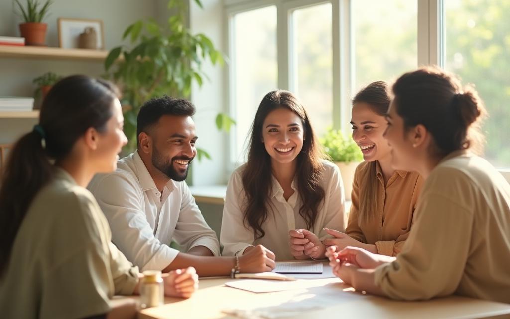 Diverse team members smiling and collaborating in a bright, natural workspace, symbolizing careers at Earth & Petal Artisans