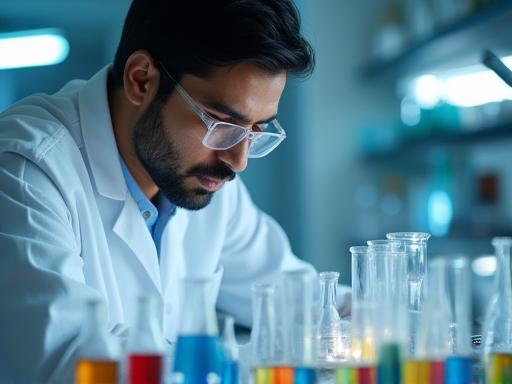 Scientist working with beakers in a lab