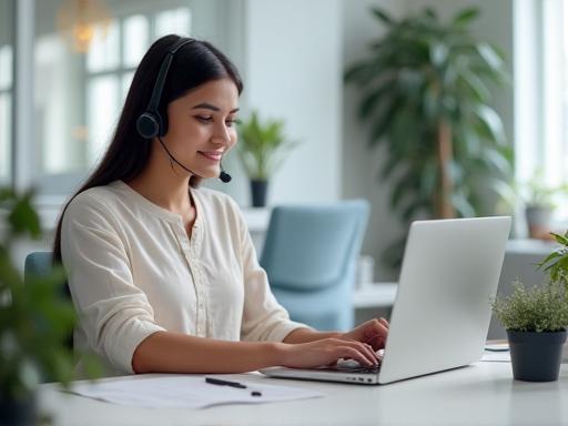 Person wearing a headset typing on a laptop
