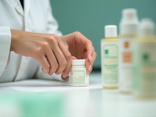 Hands placing labels on cosmetic bottles